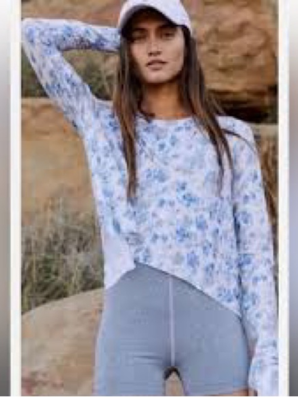 Free People Blue White Floral Print Long Sleeve Asymmetrical Top Size Small